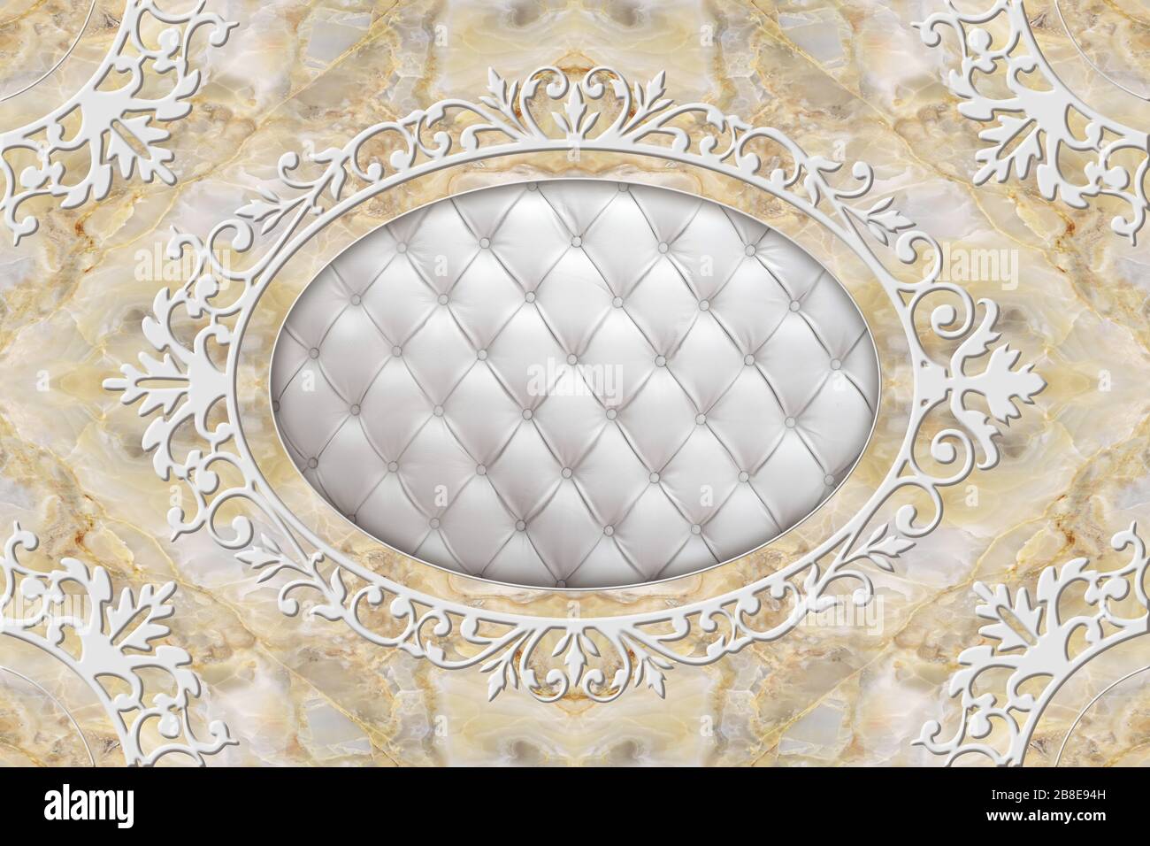 Titel 3D-Decke, stuckierter Dekorrahmen, gestepptes Leder in der Mitte auf Marmorhintergrund. 3D-Hintergrundbild. Stockfoto
