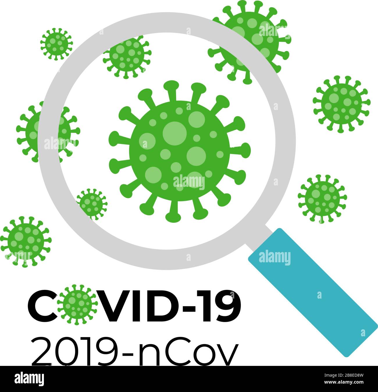 Abbildung: Lupe und Coronavirus Kovid-19-Bakterien, Keime auf weißem Hintergrund isoliert. Art Vektor Illustration. Stock Vektor