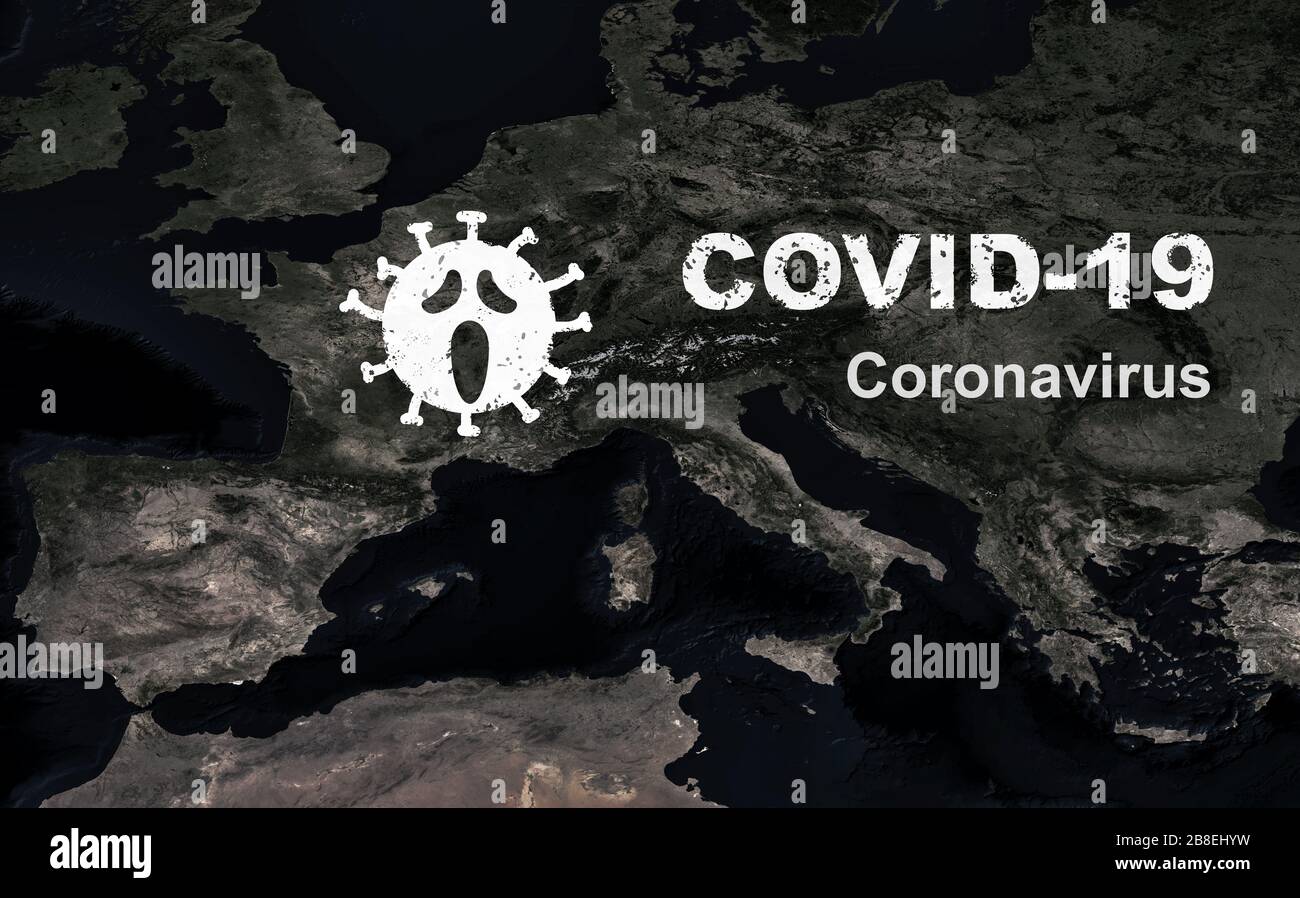 COVID-19 Coronavirus in Europa, Icon Corona-Virus und Inschrift-COVID-19 auf dunklem Planeten. Globaler Absturz aufgrund eines Coronavirus-Ausbruchs. COVID19-Pandemie Stockfoto
