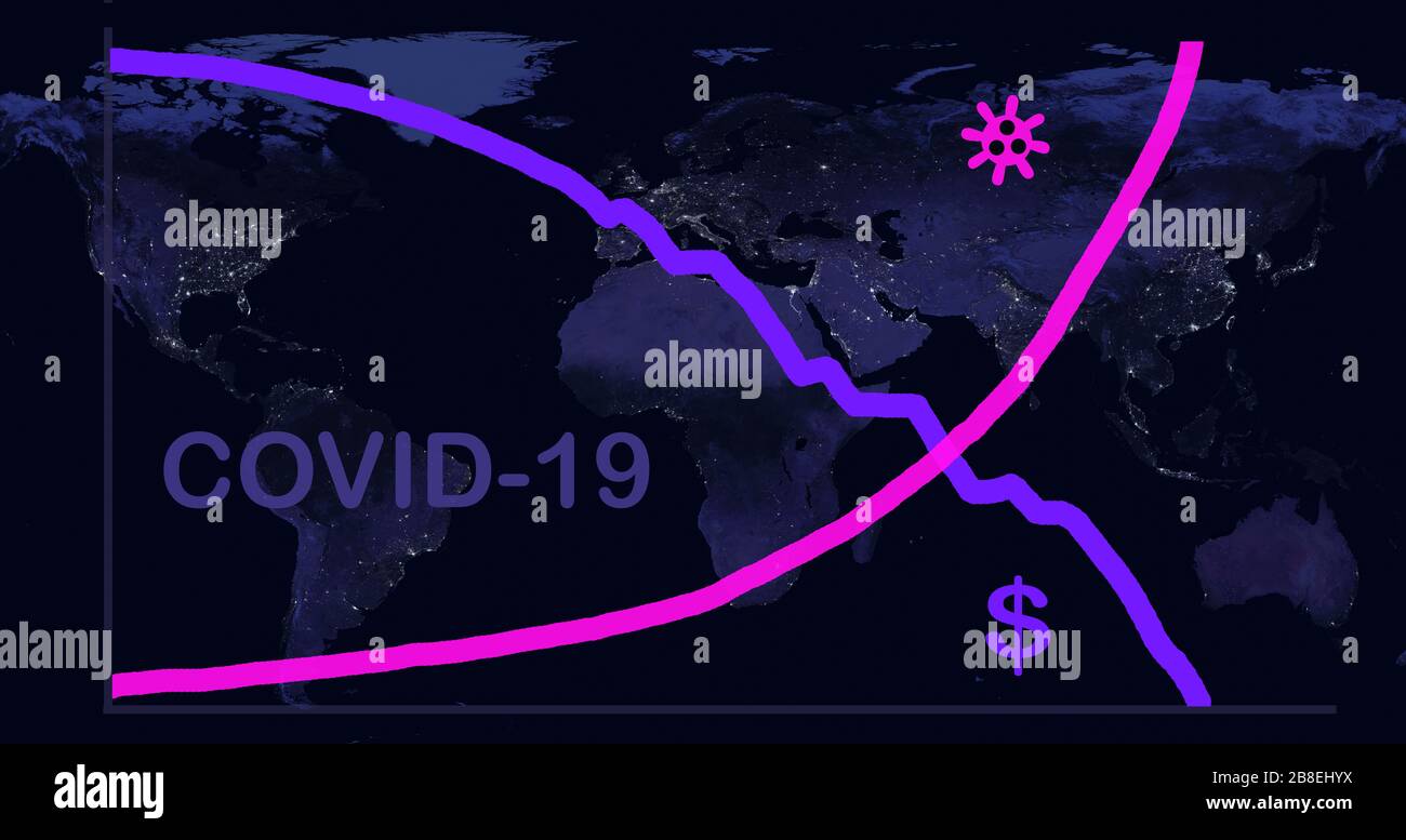 COVID-19 Pandemie-Konzept, Grafik des Börsenkurzes auf der dunklen Planet-Karte. Die Weltwirtschaft ist vom Ausbruch des Corona-Virus betroffen. Globale Finanzkrise aufgrund Stockfoto