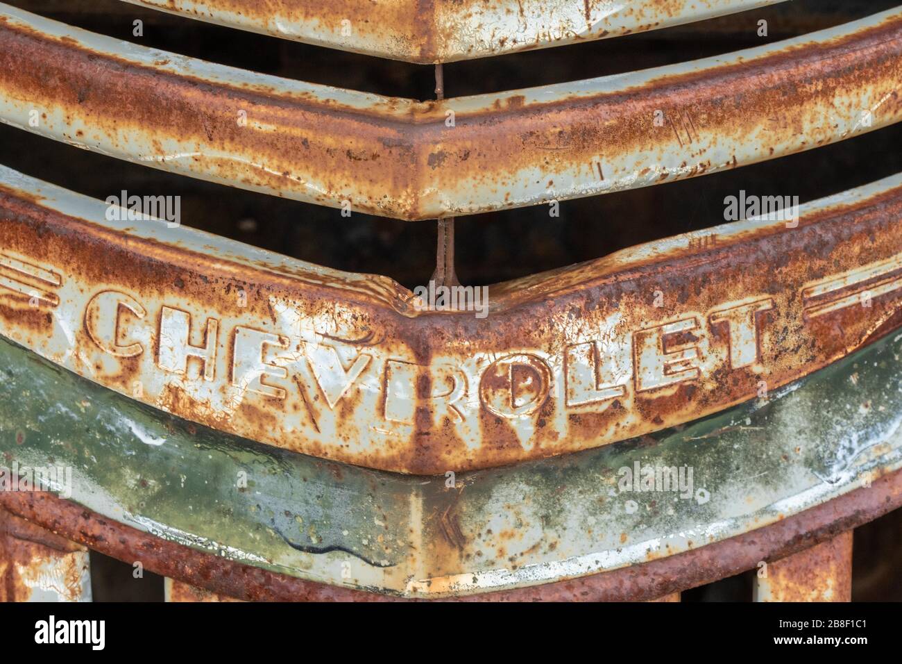 Der alte raustige Chevrolet-Grill auf einem zertrümmerten Auto in einem Schrottplatz Stockfoto
