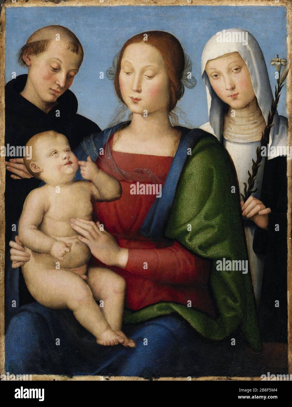 Giovanni di Pietro da Pisa - La Vergine e il Bambino con i Santi Nicola e Caterina. Stockfoto