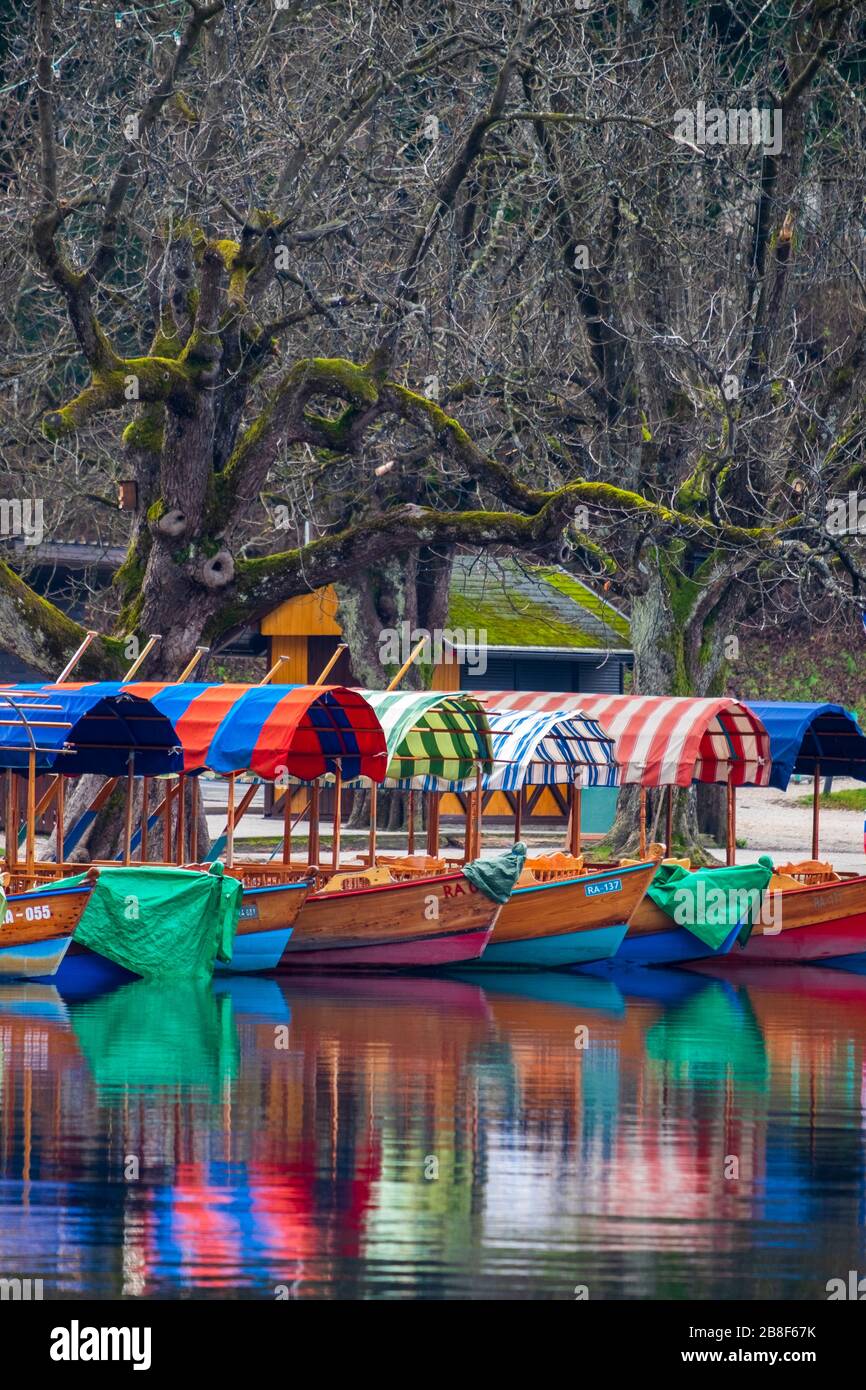 Traditionelle Pletna Boote. Bled See. Slowenien Stockfoto