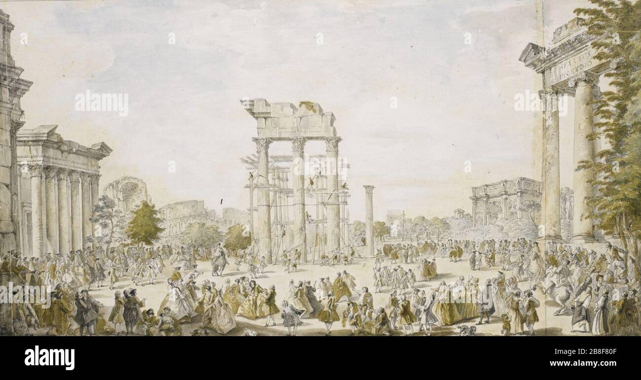 Giovanni Paolo Panini (1691-1765) idealisierte Sicht auf das Forum Romanum. Stockfoto