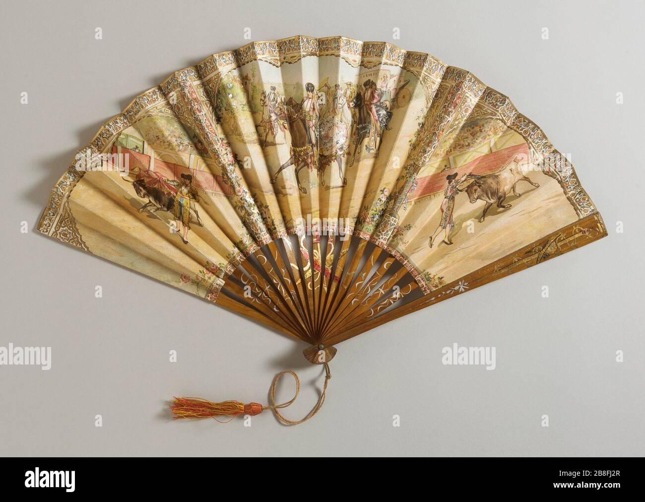 Falten Ventilator; Englisch: Kuba, 1899 Kostüme, Zubehör Papier Blatt; Holz  Sticks und Wachen; metall nieten und