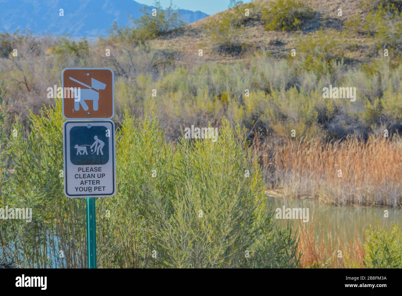 Halten Sie Hunde an der Leine, bitte reinigen Sie sie nach dem Schild Ihrer Haustiere. Bei Topock Marsh, Lake Havasu, Arizona USA Stockfoto