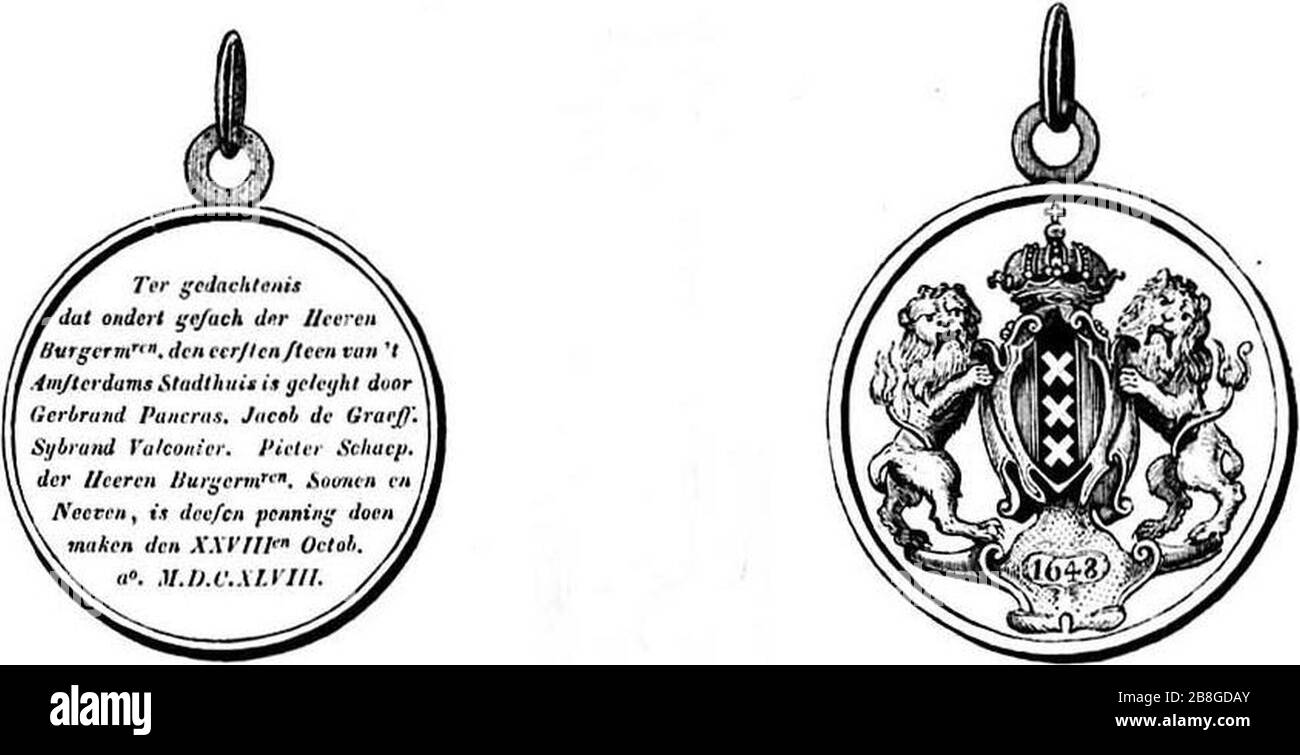 Goldmünze zur Grundsteinlegung des Rathauses von Amsterdam 28. Oktober 1648. Stockfoto