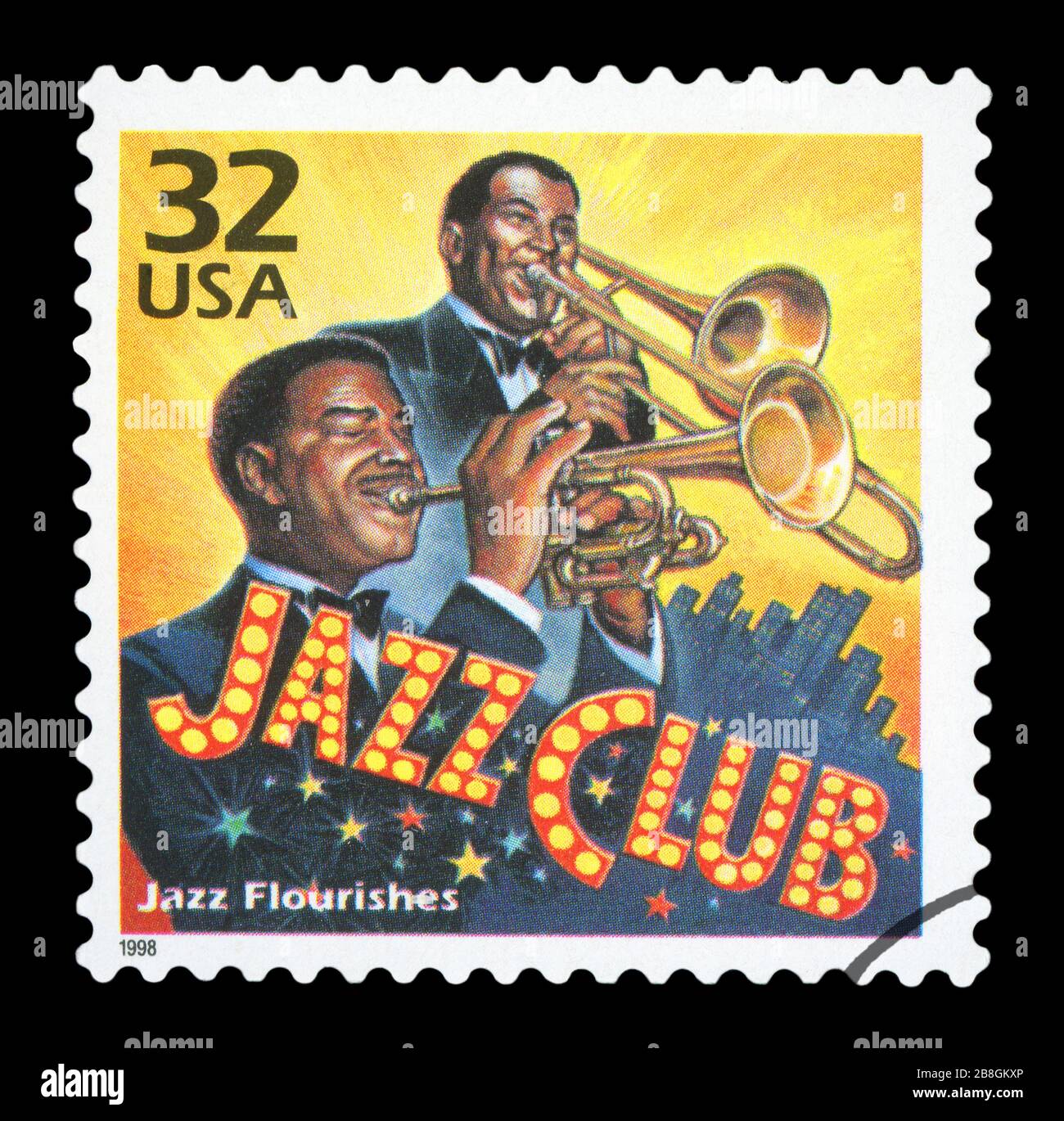 UNITED STATES - ca. 1998: eine Briefmarke in den USA gedruckten zeigt ein Bild des Jazz Musiker spielen in einem Club, ca. 1998. Stockfoto