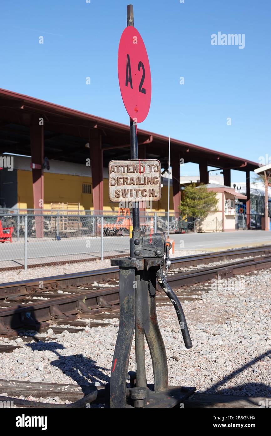 Entgleissungsschalter, Nevada Southern Railroad Museum, Boulder City, NV, USA Stockfoto