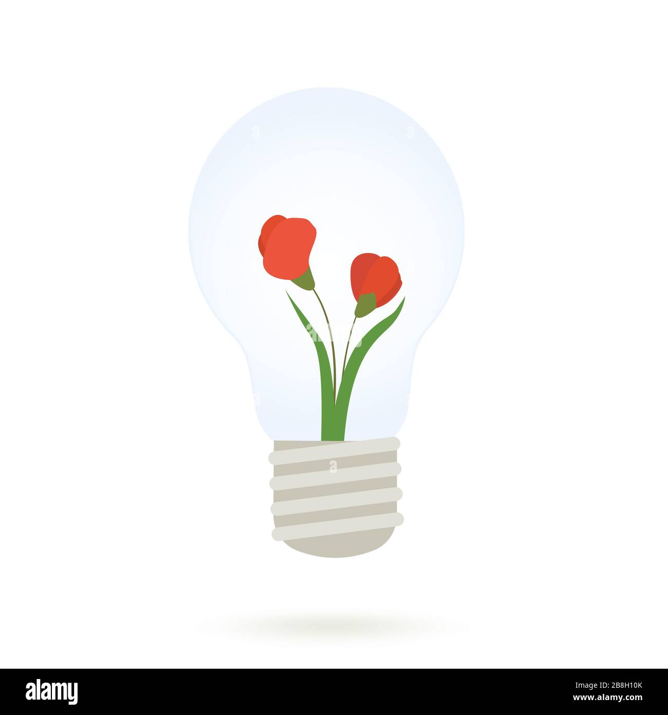 Umweltfreundliche Energie. Schöne rote Blumen wachsen in Glühbirne auf weißem Hintergrund, kreative Illustration Stockfoto