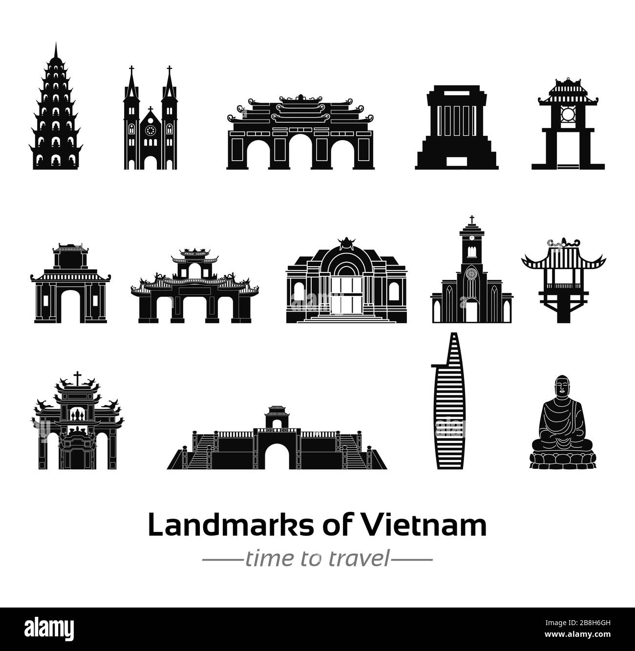 Satz berühmter Wahrzeichen des Vietnam-Silhouette-Stils mit klassischem Schwarz-Weiß-Farbdesign, Vektorgrafiken Stock Vektor
