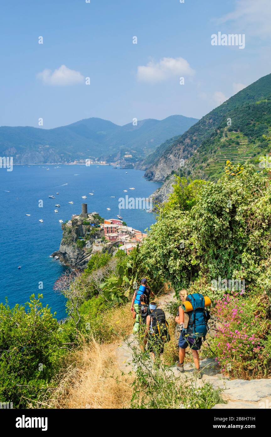 Wandern in der Cinque Terre in Italien Stockfoto