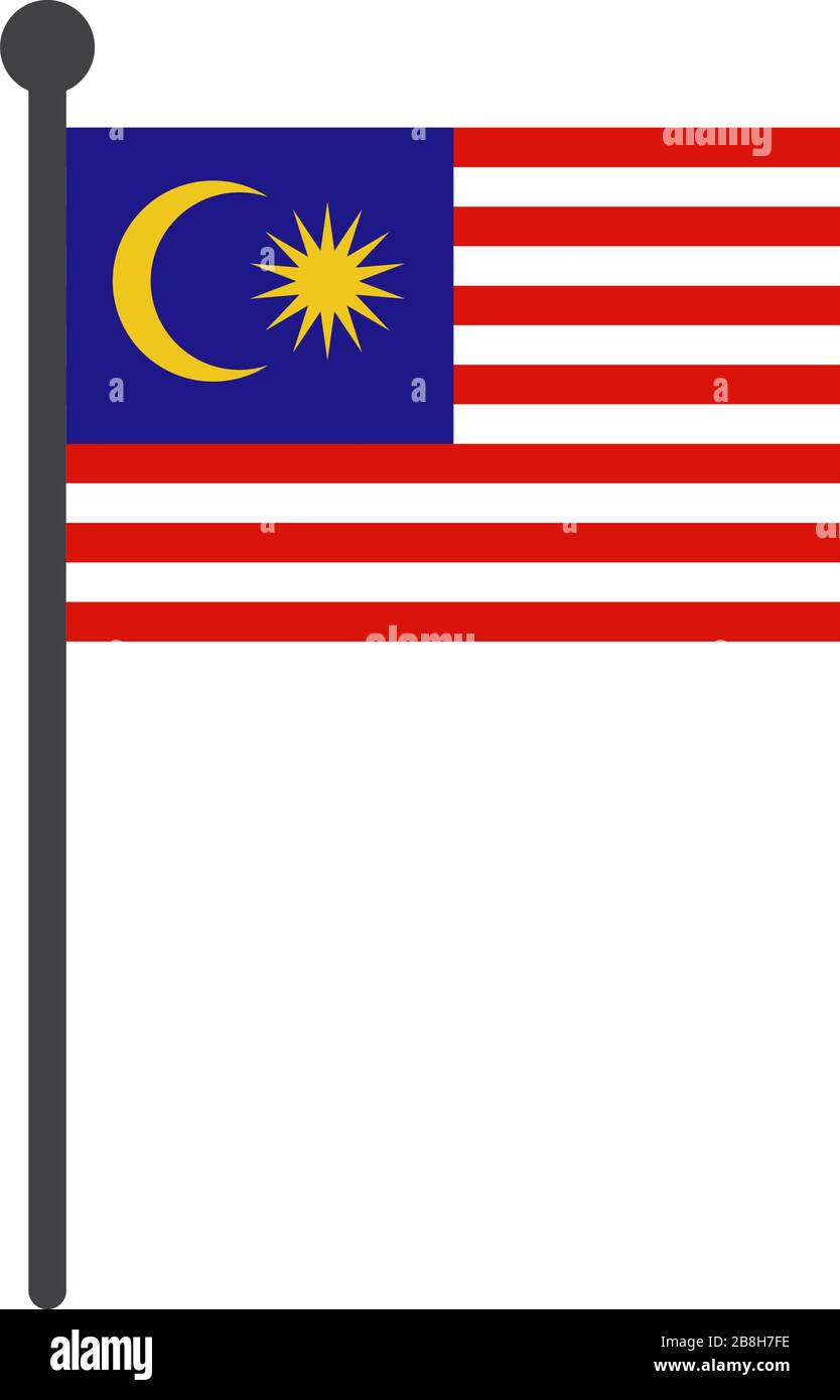 Einfache, flache vektorgrafiken der flagge von malaysia mit auf weißem Hintergrund isoliertem Flagpol Stock Vektor
