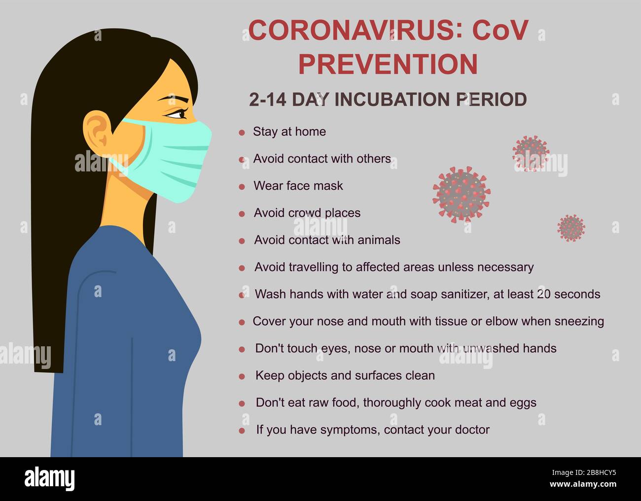 Tipps zur Vorbeugung gegen Coronavirus COV, wie Coronavirus verhindert werden kann. Frau in blauer medizinischer Gesichtsmaske. Konzept der Quarantäne von Coronavirus. Wandaufkleber. Vektor Stock Vektor