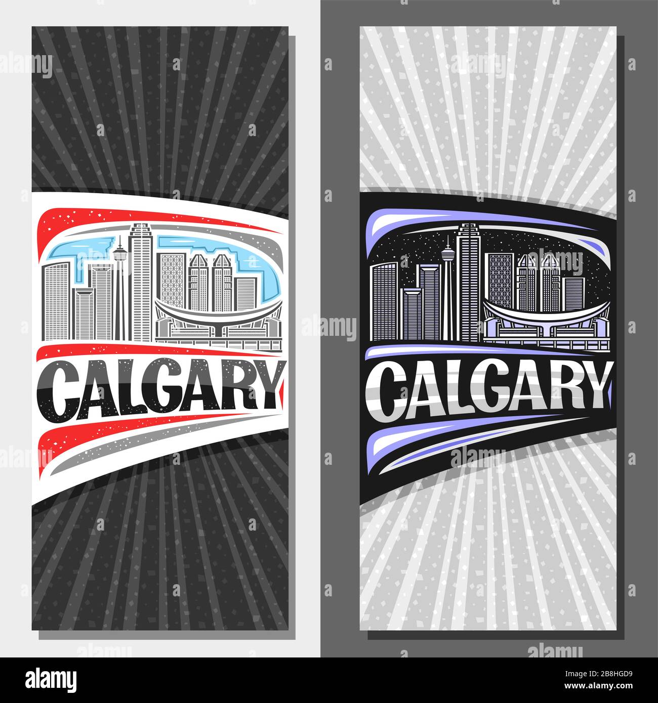 Vektorlayouts für Calgary, dekoratives Flugblatt mit Liniendarstellung der modernen stadtlandschaft von calgary am Tag- und Dämmerungshimmel, Design to Stock Vektor