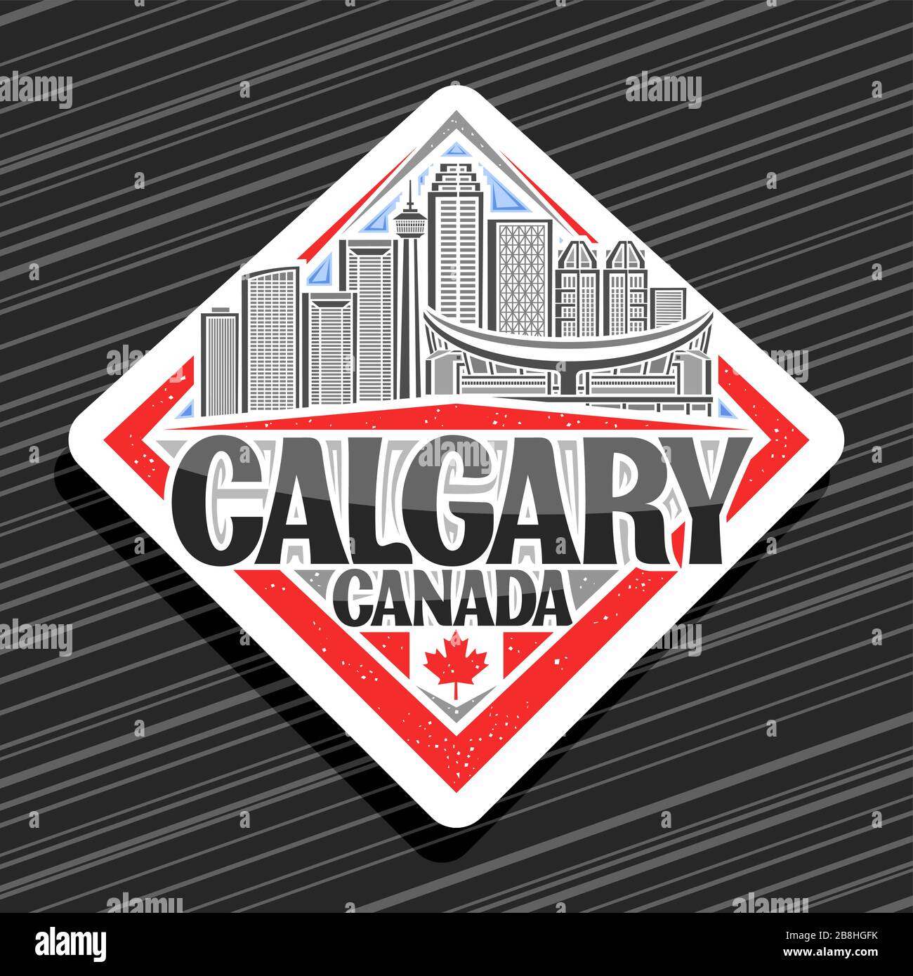 Vektorlogo für Calgary, weißes dekoratives Rhombus-Logo mit Liniendarstellung der zeitgenössischen stadtlandschaft von calgary auf HimmelskGrund, Kühlschrank Magnet Witz Stock Vektor
