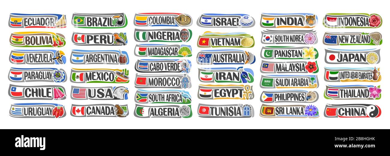 Vektorsatz aus amerikanischen und asiatischen Ländern mit Flaggen und Symbolen, 38 isolierte horizontale Beschriftungen mit nationalen Staatsflaggen und Pinselschrift für verschiedene Stock Vektor