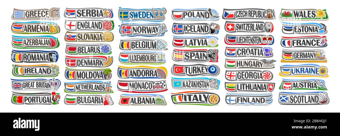 Vektorsatz europäischer Länder mit Flaggen und Symbolen, 44 isolierte  horizontale Beschriftungen mit nationalen Staatsflaggen und Pinselschrift  für verschiedene Wörter, t Stock-Vektorgrafik - Alamy