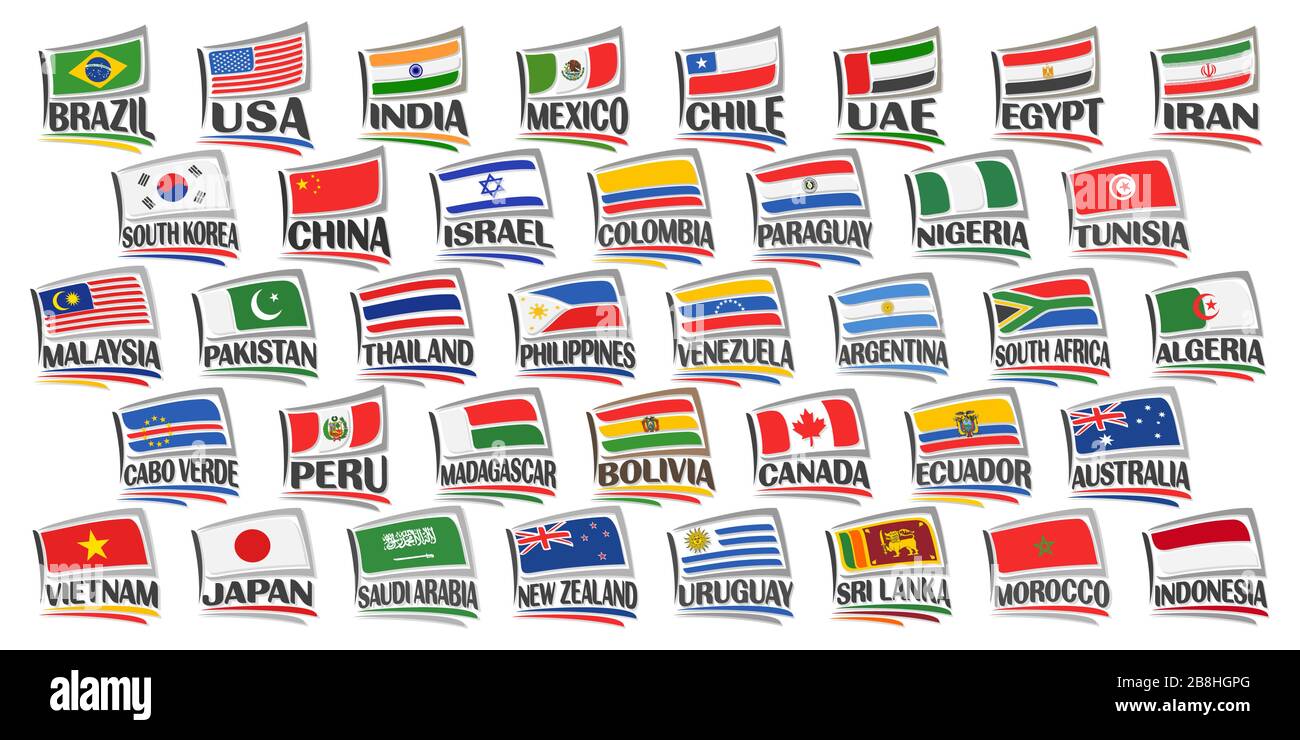 Vektor-Set aus Flags in amerikanischen und asiatischen Ländern, 38 isolierte Etiketten mit National-Flaggen und Pinselschrift für verschiedene Wörter auf weißem Hintergrund, Stock Vektor