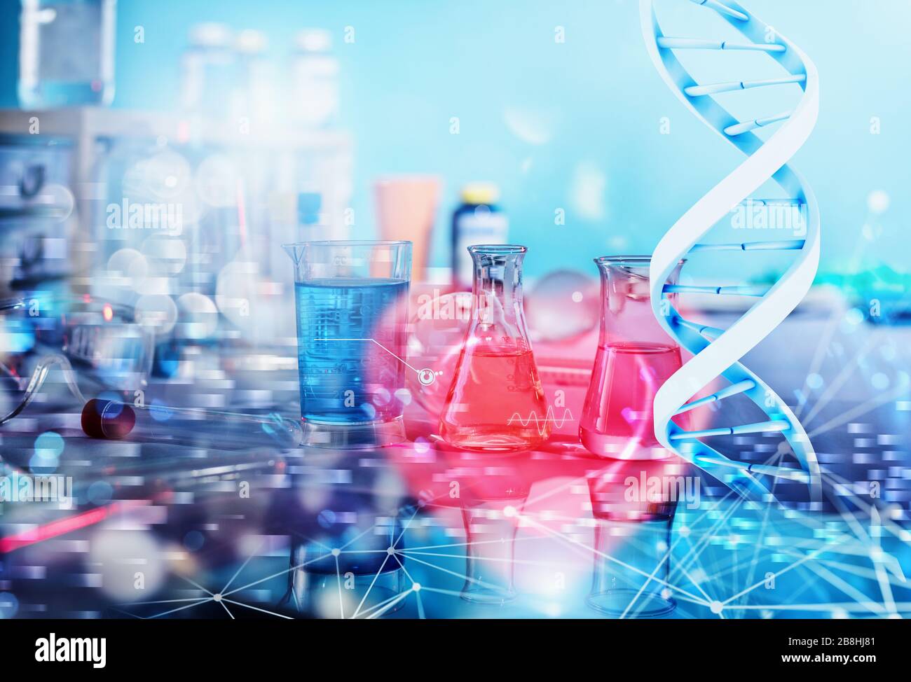 Medizinwissenschaftliches Labor. Konzept der Virus- und Bakterienforschung mit Technologie, Tablet und Software Stockfoto