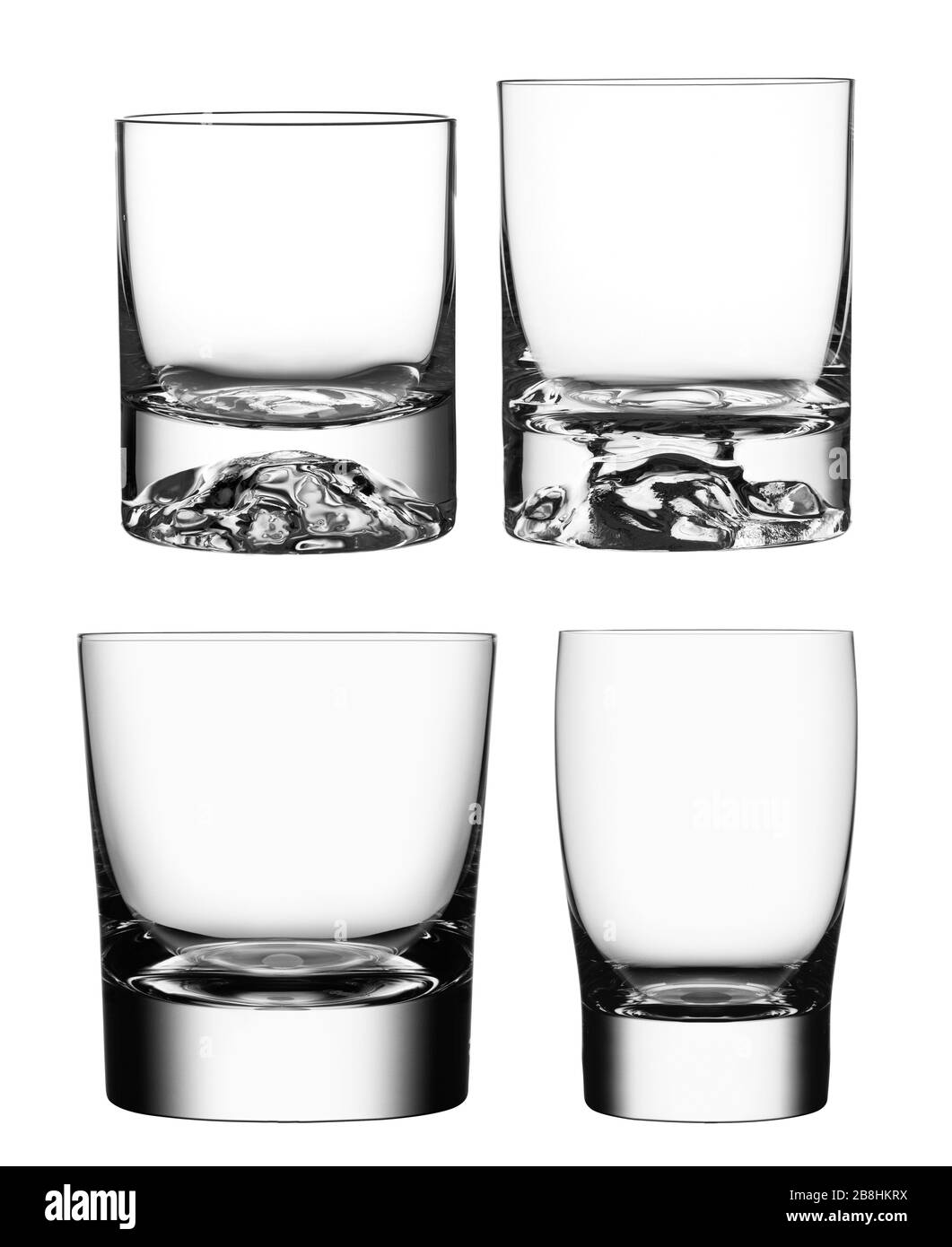Satz leerer Gläser isoliert auf weißem Hintergrund mit Beschneidungspfad Stockfoto