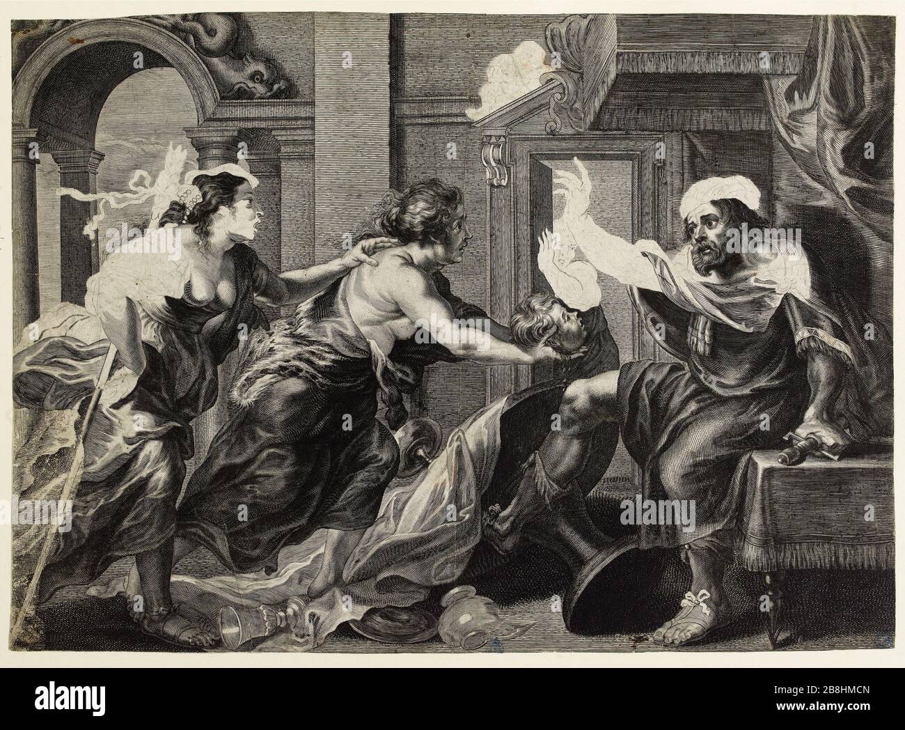 Progne wird nach Rubens (Dutuit 36) Prigné faisant voir à son époux la tête de son fils, d'après Rubens (Dutuit 36) zum Chef seines Sohnes. Burin, XVIIème siècle. Musée des Beaux-Arts de la Ville de Paris, Petit Palais. Stockfoto