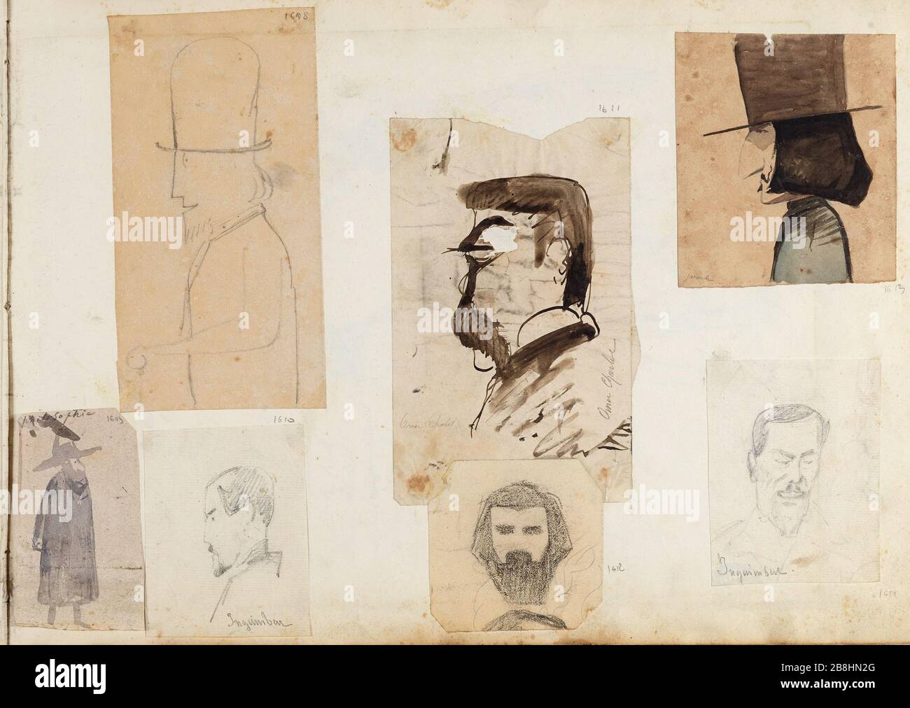 Portrait eines Mannes-laden-Profils, das einen Hut trägt und einen Stock trägt, Portrait-charge eines bärtigen Mannes, der in einen großen Mantel gewickelt ist, Portrait-charge eines Mannes im Profil (Inguimbert?) Portrait-charge of a man in Profile (Charles Omer) - Portrait-charge of a bärded man   Portrait-charge of a moustached man with long hair (Jarousse) Portrait of a man-Load side (Inguimbert) Stockfoto
