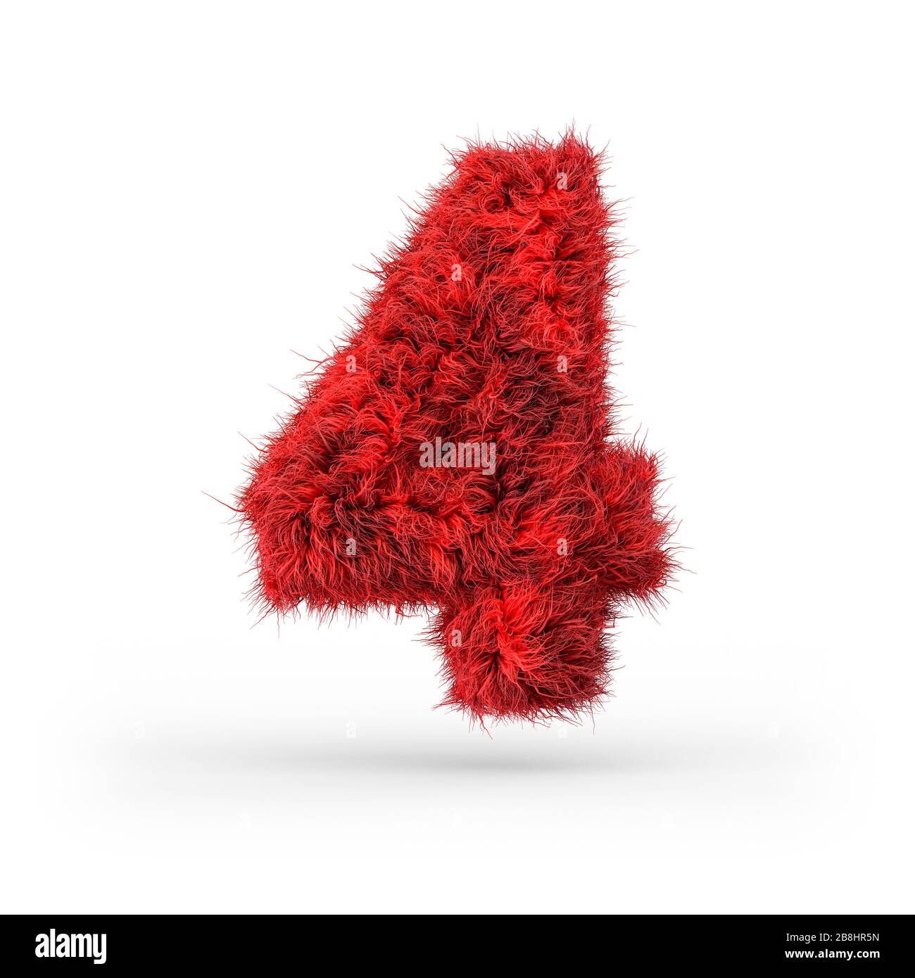Nummer 4. Digitales Zeichen. Rote flauschige und furchige Schrift. 3D-Rendering Stockfoto