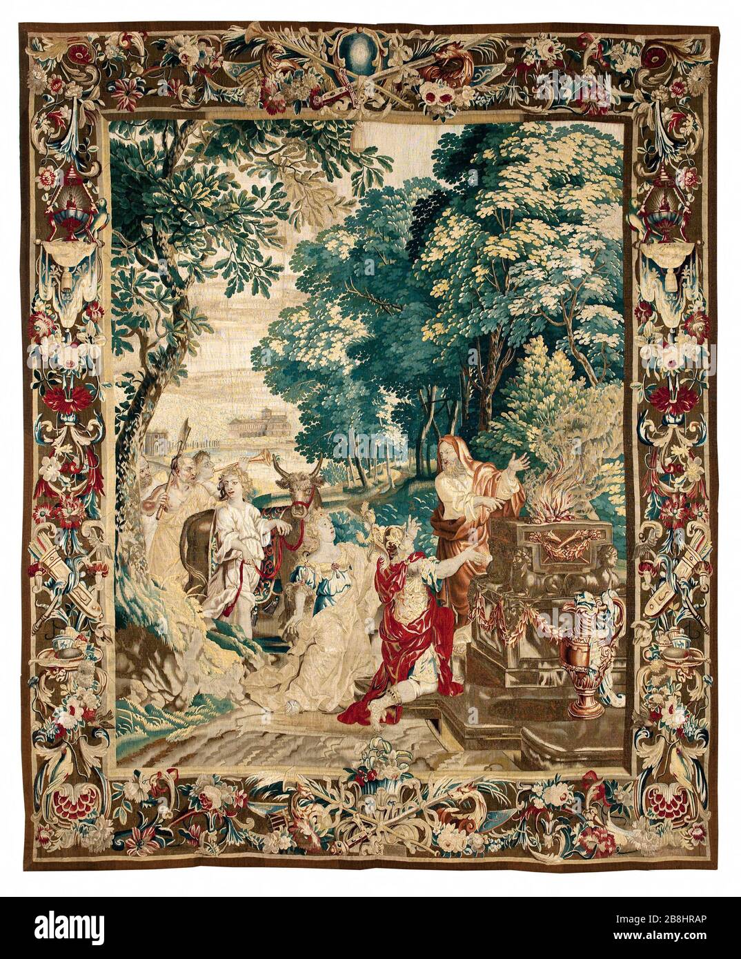 Das Opfer des Perseus (Wandteppich der Geschichte des Perseus) Pieter Ijkens (V.1640-1695) (pour personnages) und Pieter Spierinx (1635-1711) (pour paysages). modèle attribué à la manufacture de Jacques van der Goten à Anvers (attribué à). "Le opfere de Persée (Tenture de l'Histoire de Persée)". Tapisserie. FIN XVIIe siècle. Musée des Beaux-Arts de la Ville de Paris, Petit Palais. Stockfoto