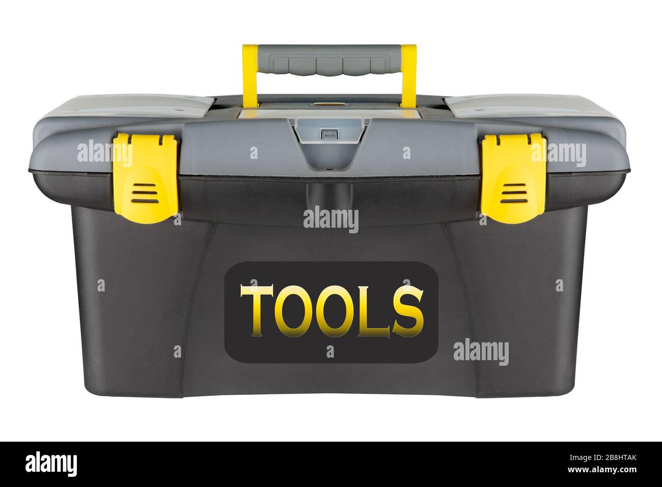 Professioneller gelber Werkzeugkasten isoliert auf weißem Hintergrund Stockfoto