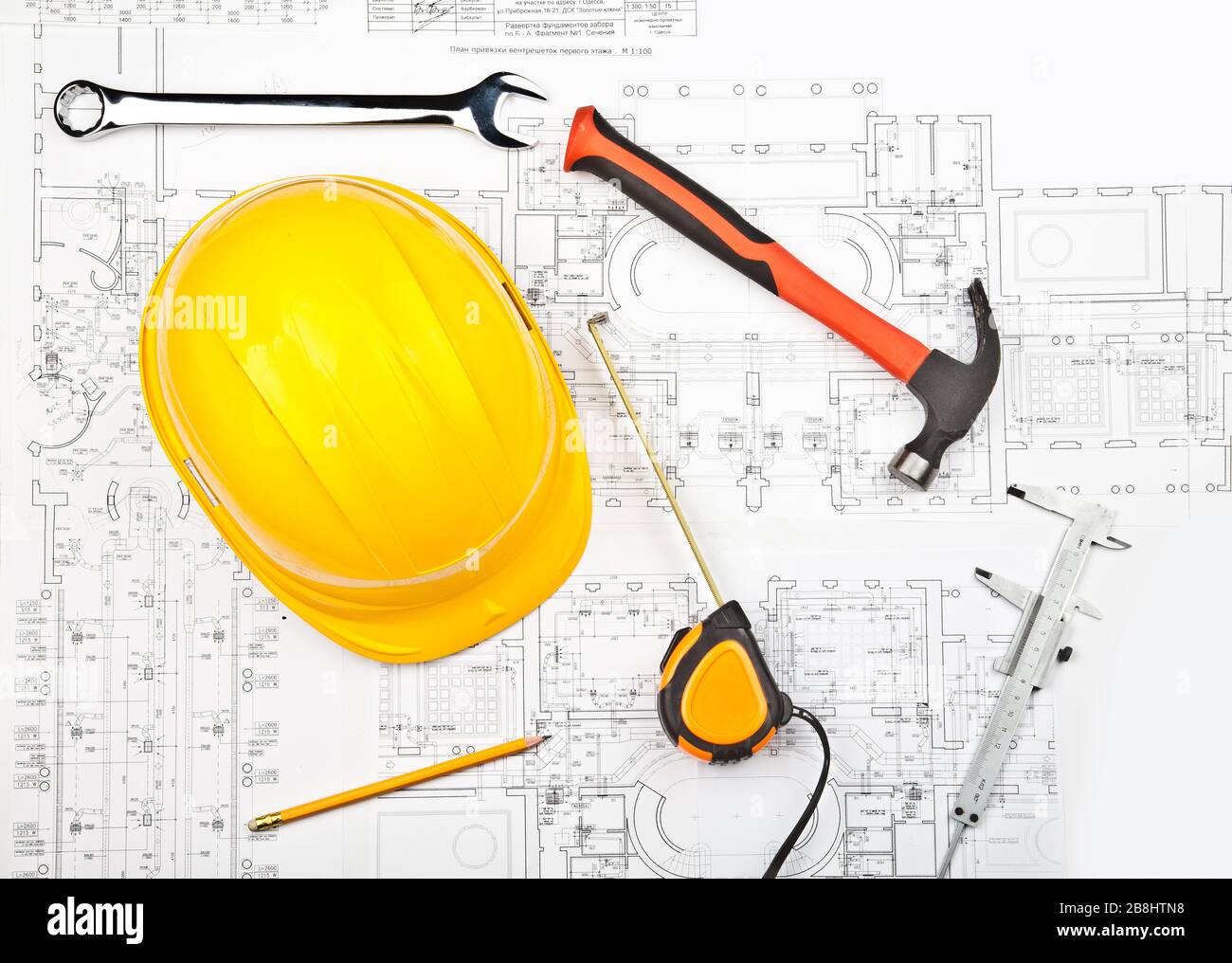 Bauentwürfe und Werkzeughintergrund Stockfoto