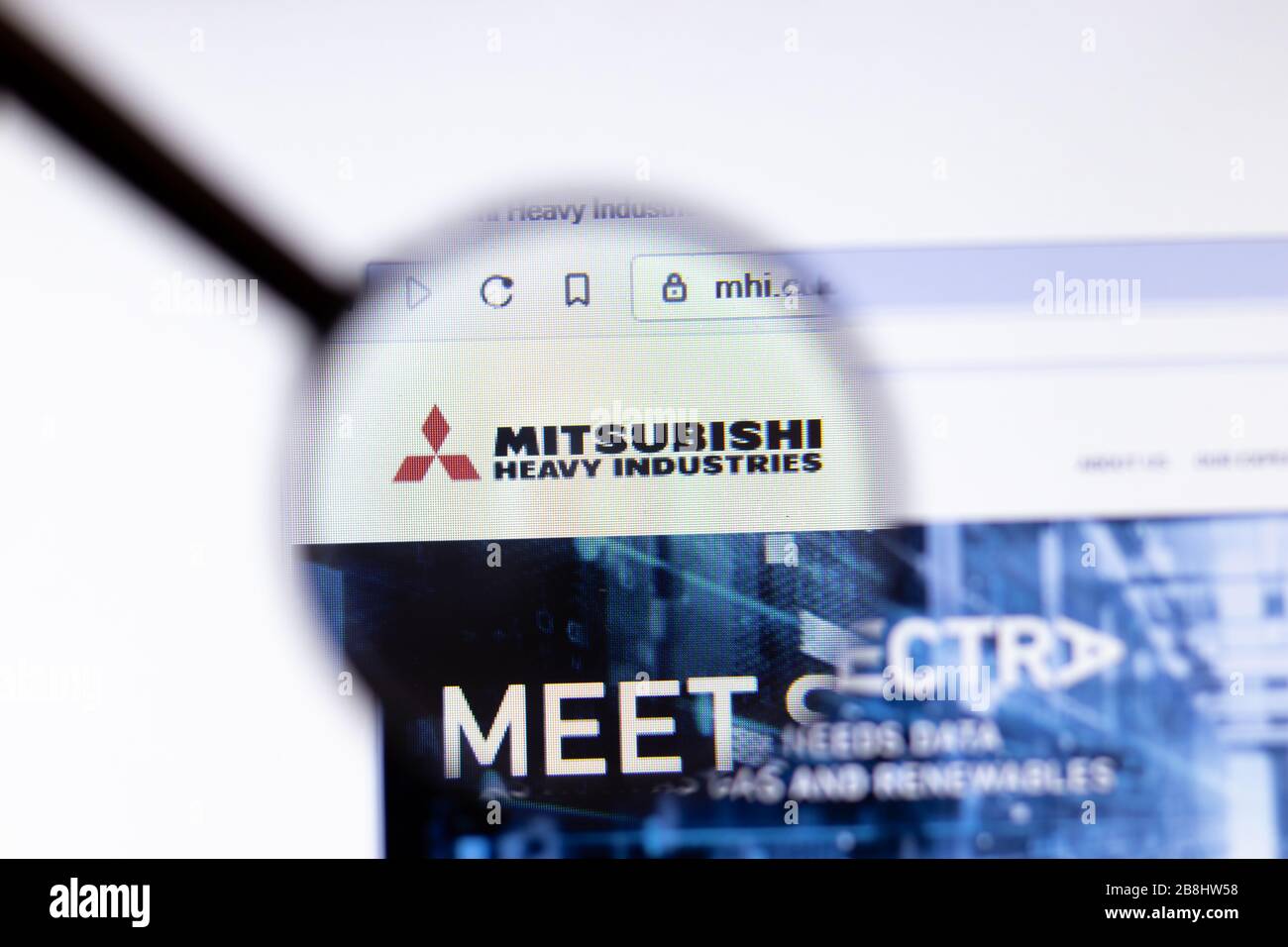 Los Angeles, Kalifornien, USA - 20. März 2020: Firmenlogo von Mitsubishi Heavy Industries auf der Webseite "Close-up on Screen", Illustrative Editorial Stockfoto