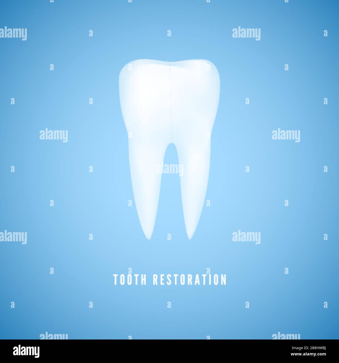 Weiße realistische Zahnabbildung. Klare Gesundheit Molar. Zahnarztpflege und Zahnheilkunde Hintergrund auf blauem Hintergrund. Vektor Stock Vektor