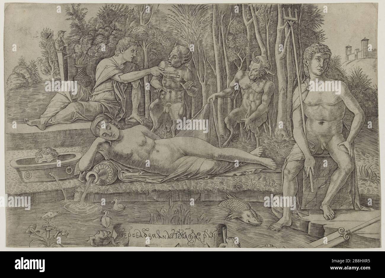 Ein Brunnen. Bartsch 15. Bartsch illustrierte Band 25 (Band 13, Teil 2), Seite 157 Andrea Zoan (actif à Mantoue, vers 1475, et à Milan jusqu'aux environs de 1520). "Une Fontaine". Bartsch 15. Bartsch illucé tome 25 (Band 13, 2ème Partie), Seite 157. Burin. 1490-1505. Musée des Beaux-Arts de la Ville de Paris, Petit Palais. Stockfoto