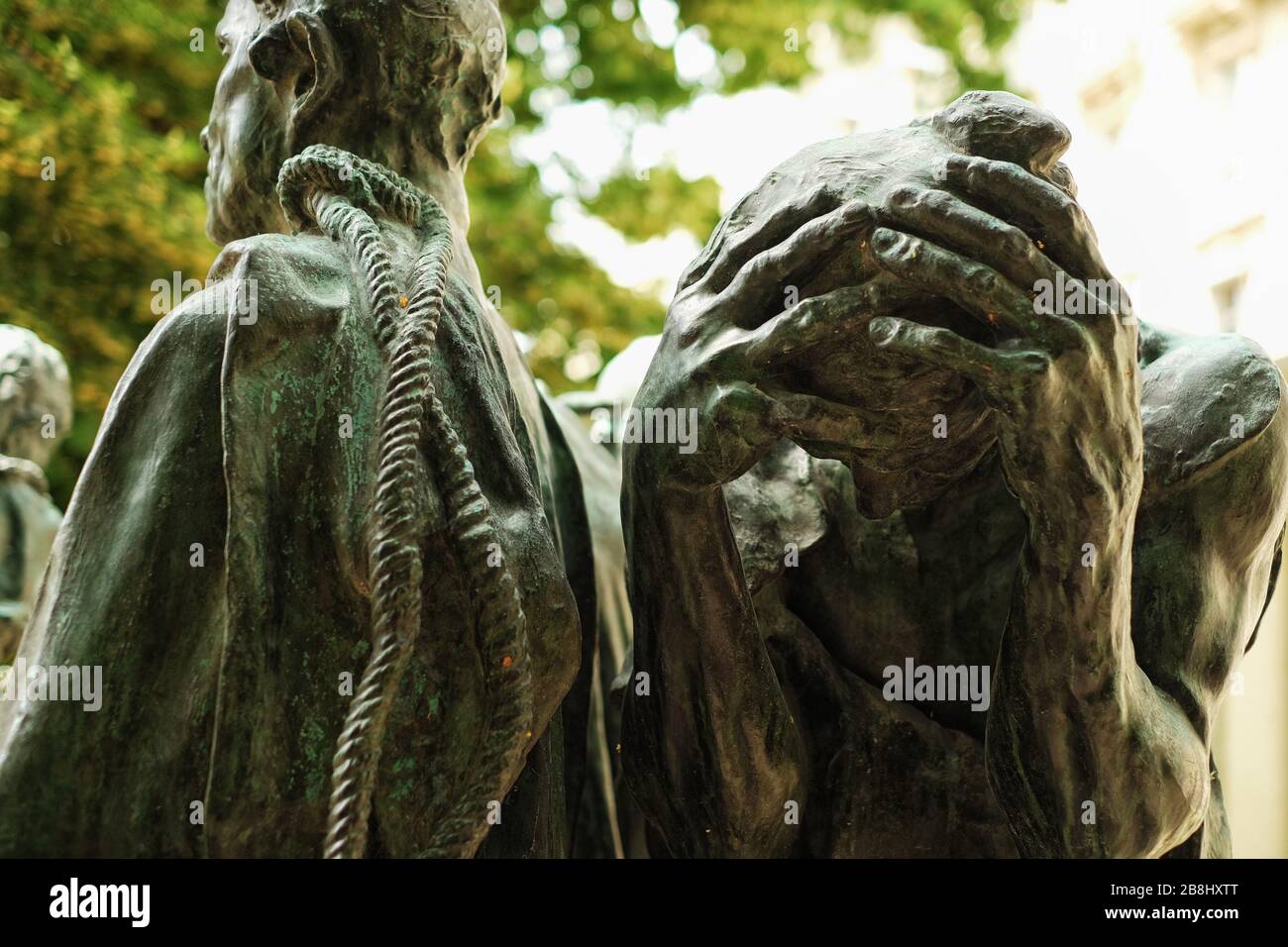 Hände in Angst, Leben und Tod, der menschliche Geist im geneigten Kopf, Gesicht und Hände Detail der Bürger von Calais, von Auguste Rodin Stockfoto