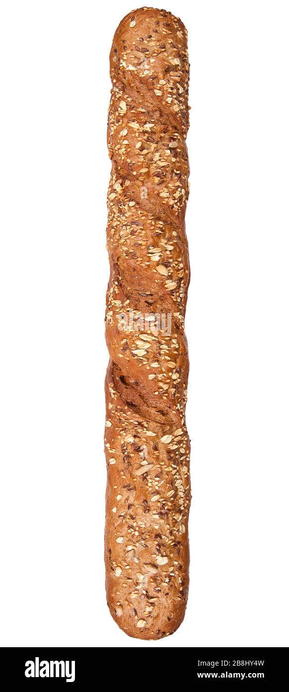 Langer Laib. Französisches Brot mit vielen verschiedenen Samen isoliert auf dem weißen Hintergrund. Roggenbrot Stockfoto