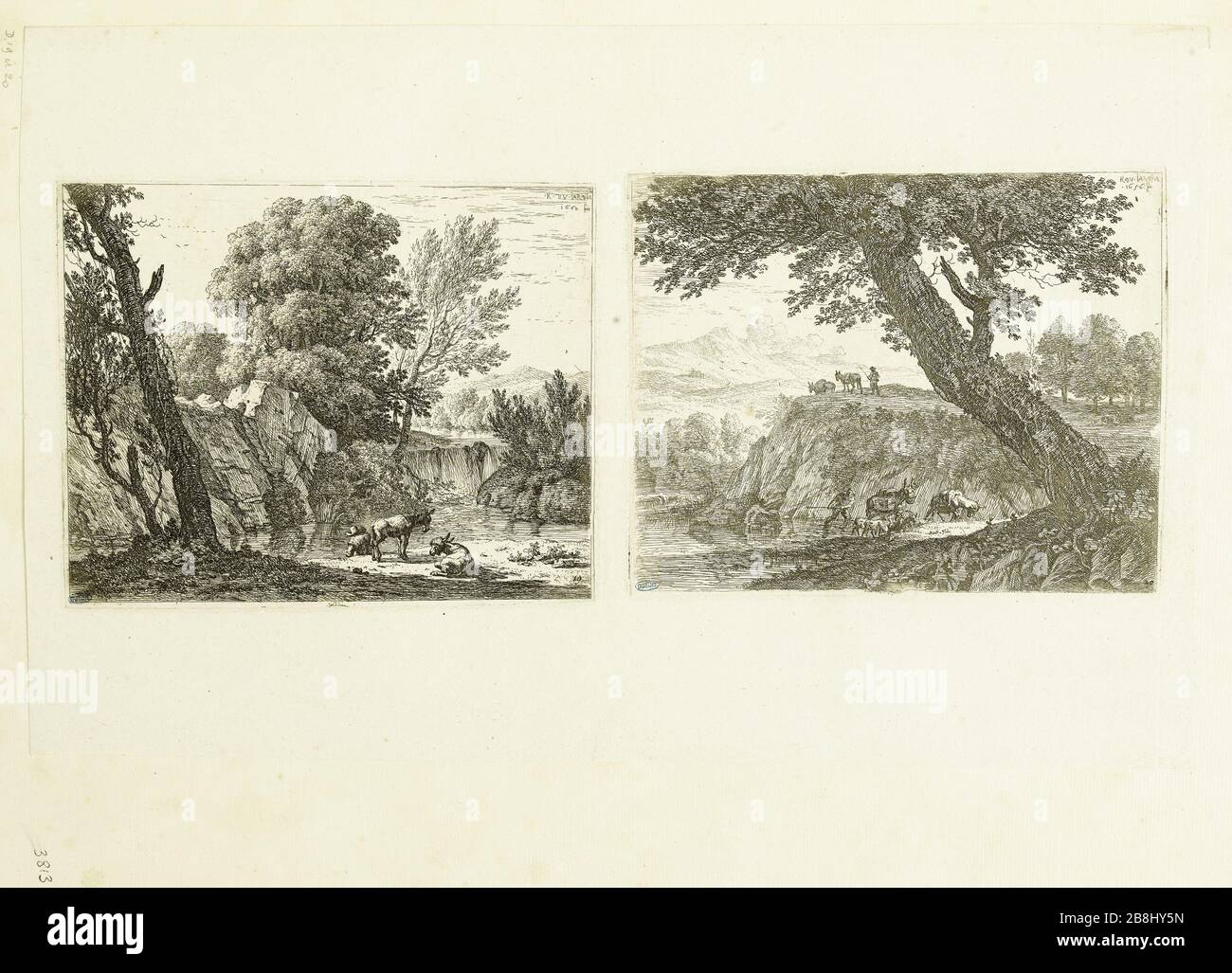 Der Goujat et les deux ânes und Les Deux Muletiers zwei Radierungen sur la même feuille (Dutuit 19 und 20) Karel Dujardin (1622-78). Le Goujat et les deux ânes et Les Deux muletiers, deux estampes sur la même feuille (Dutuit 19 et 20). Eau-forte, 1659. Musée des Beaux-Arts de la Ville de Paris, Petit Palais. Stockfoto