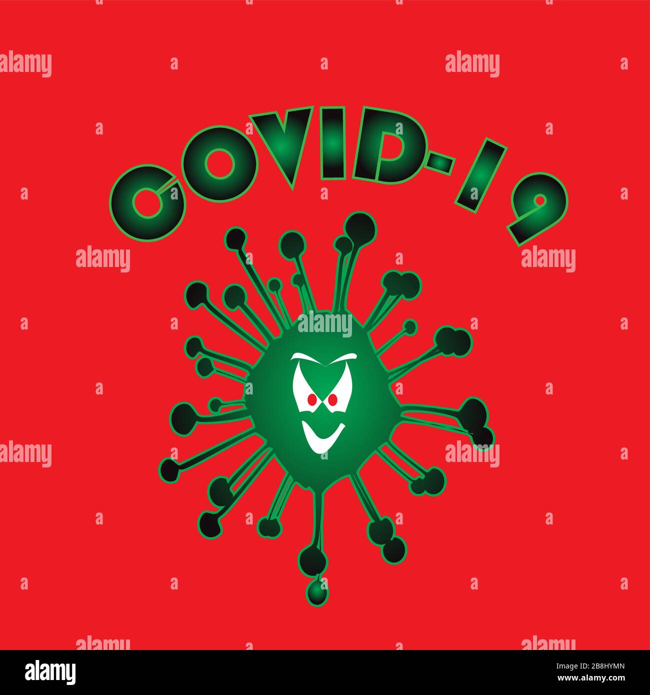Die Virusinfektion Covid 19 mit einem bösartigen Grinsengesicht, das über einem roten Hintergrund isoliert ist Stock Vektor