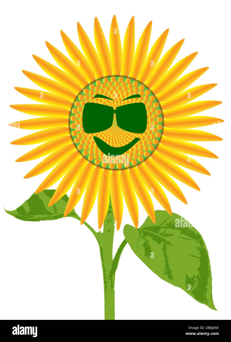 Der Kopf einer großen Sonnenblumenpflanze isoliert auf weißem Grund mit einem Smiley-Gesicht mit Sonnenbrille Stock Vektor