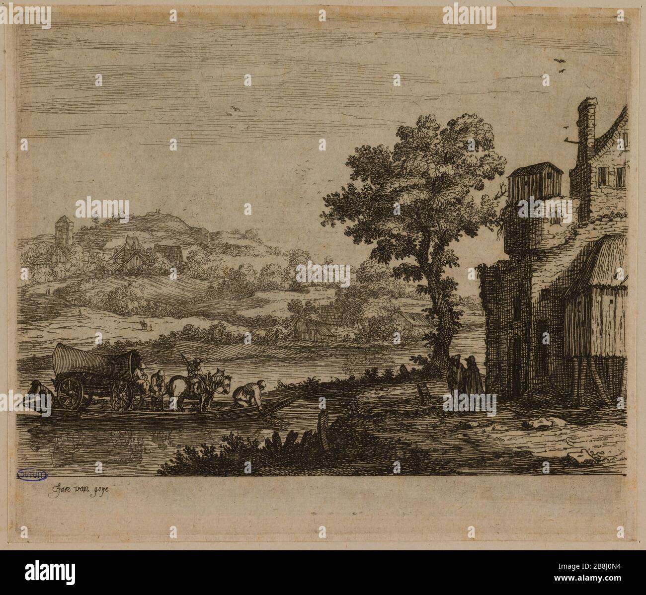 Tray (Dutuit 1) Van Goyen, Jan Josefsz. "Le Bac (Dutuit 1)". Eau-forte. Musée des Beaux-Arts de la Ville de Paris, Petit Palais. Stockfoto