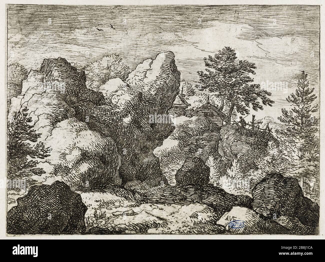 Der scharfe Rocher (Bartsch 74) Allart Van Everdingen (1621-1675), Peintre hollandais. Le Rocher pointu (Bartsch 74). Eau-forte sur Papier, 1645-1675. Musée des Beaux-Arts de la Ville de Paris, Petit Palais. Stockfoto