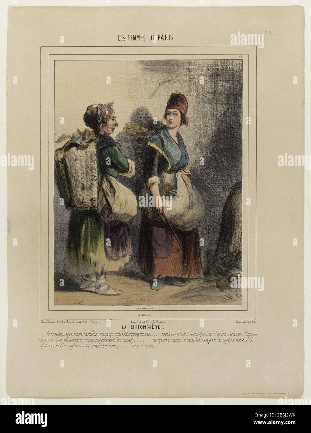 FRAUEN VON PARIS - DIE Chiffonniere - schämen sich nicht für IHRE FAMILIE, IHREN ÜBUNGSSTAAT RICHTIG KONSERVIEREN SIE IHR HERZ WASCHEN SIE IHRE HÄNDE, HEIRATEN SIE TAGESMINISTERIN ODER HÄNDLER VON ZIGARRE Alfred André Géniole (13-1861). "La chiffonnière - Ne rougie pas de la famille, exerce Ton état proprement. Konserviere Ton coeur pur, lave-toi les mains, t'épousseras un jour un ministre ou un marchand de cigare ...". Lithographie au crayon, Ver. Paris, musée Carnavalet. Stockfoto