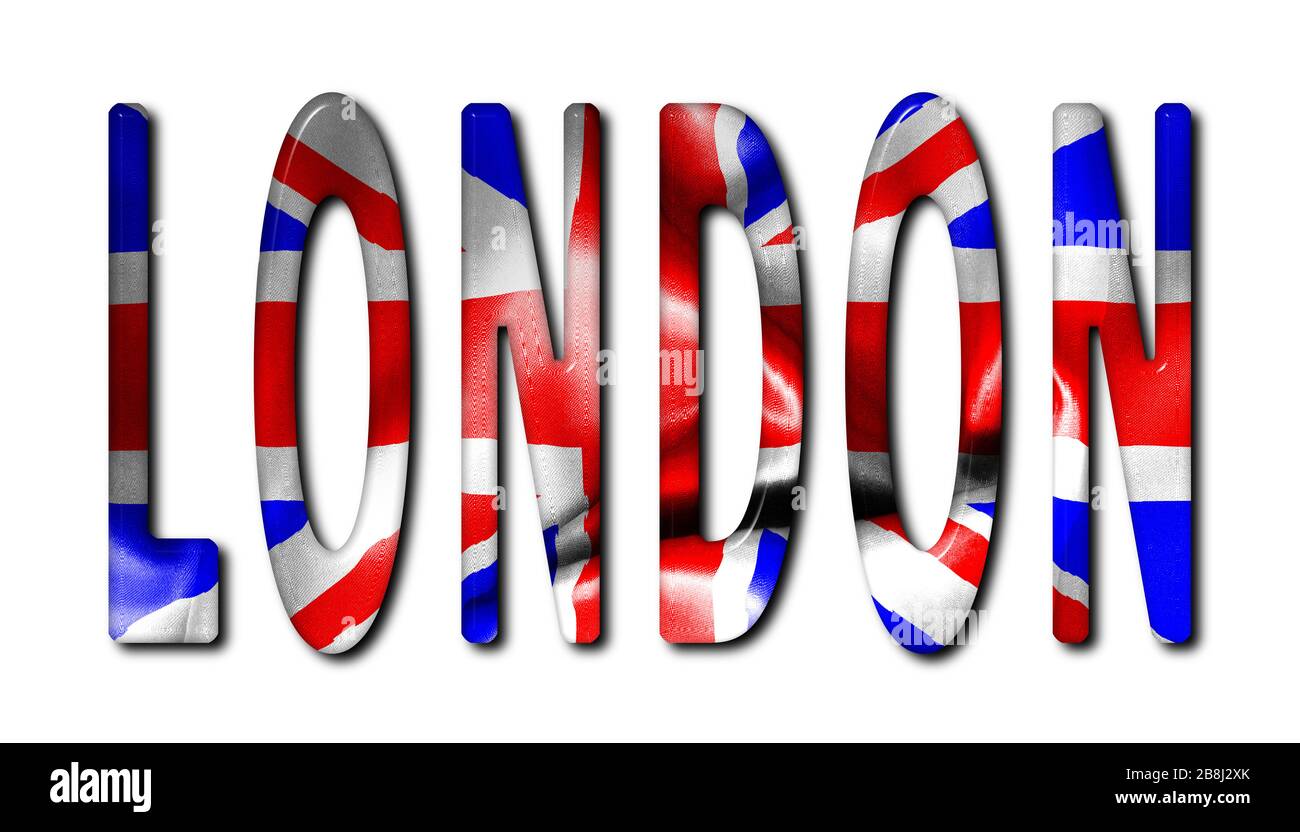 Londoner Wort mit abgeschrägter Flaggentextur auf einem isolierten weißen Hintergrund mit einem Beschneidungspfad mit und ohne Schatten Stockfoto