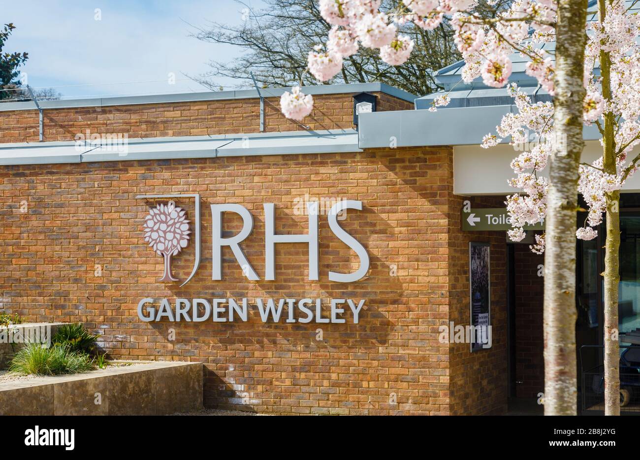 RHS Garden, Wisley, Surrey. Name und Logo an der Wand des neuen Eingangsgebäudes, im Frühjahr an einem sonnigen Tag Stockfoto