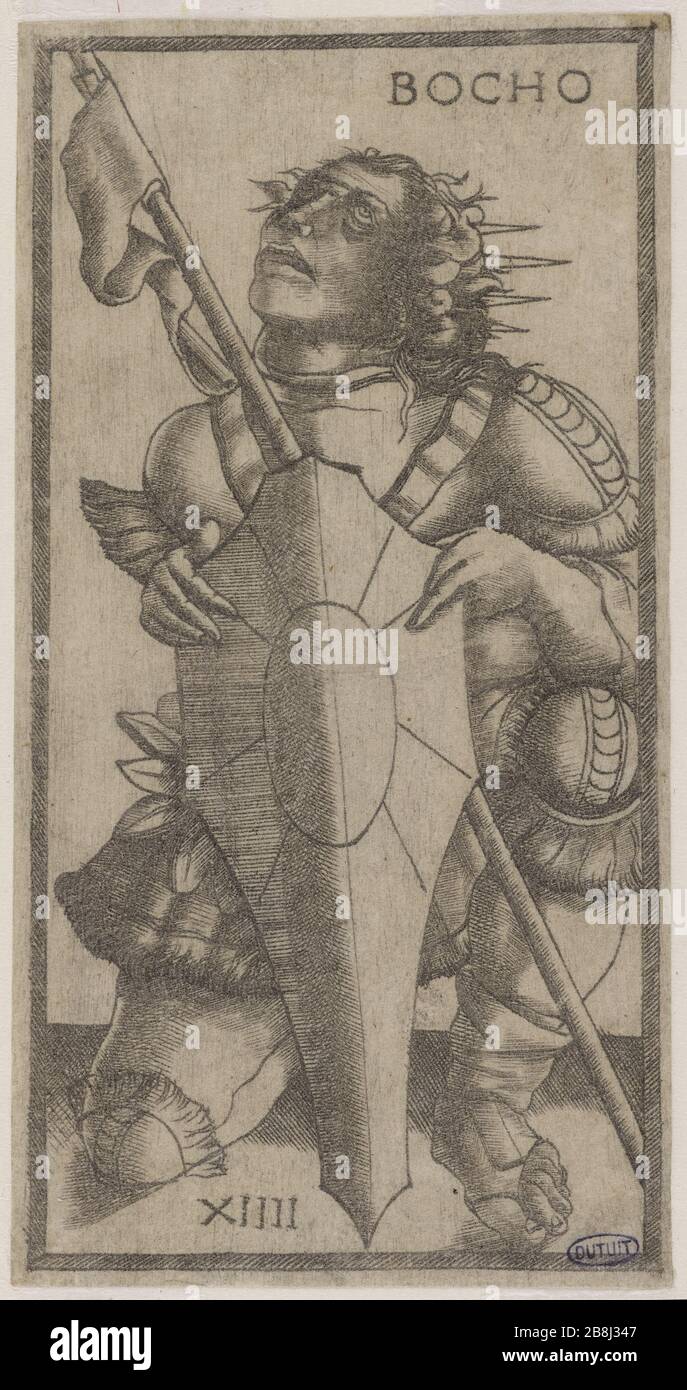 Carte du Tarot 'Sola-Suche' - Bo. (Passavant 14, Take 2, Page 129) Nicola di Maestro Antonio d'Ancona (1472-1510). "Carte du tarot 'Sola-Busca', Bo. (Passavant 14, Tome 2, Seite 129)'. Burin. 1491-1523. Musée des Beaux-Arts de la Ville de Paris, Petit Palais. Stockfoto