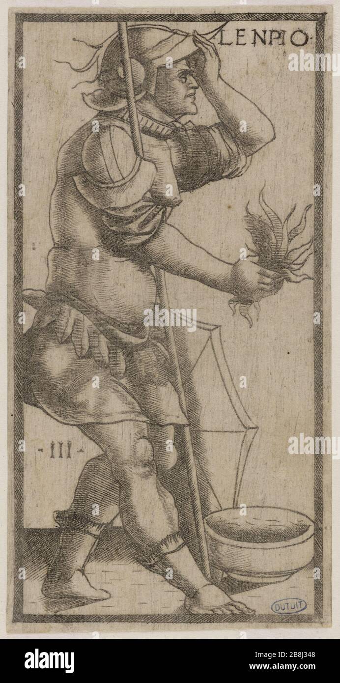 Karte Tarot 'Sola-Busca' Lenpio. (3 Passavant, Band 2, Seite 129) Nicola di Maestro Antonio d'Ancona (1472-1510). "Carte du tarot 'Sola-Busca', Lenpio. (Passavant 3, Tome 2, Seite 129)'. Burin. 1491-1525. Musée des Beaux-Arts de la Ville de Paris, Petit Palais. Stockfoto