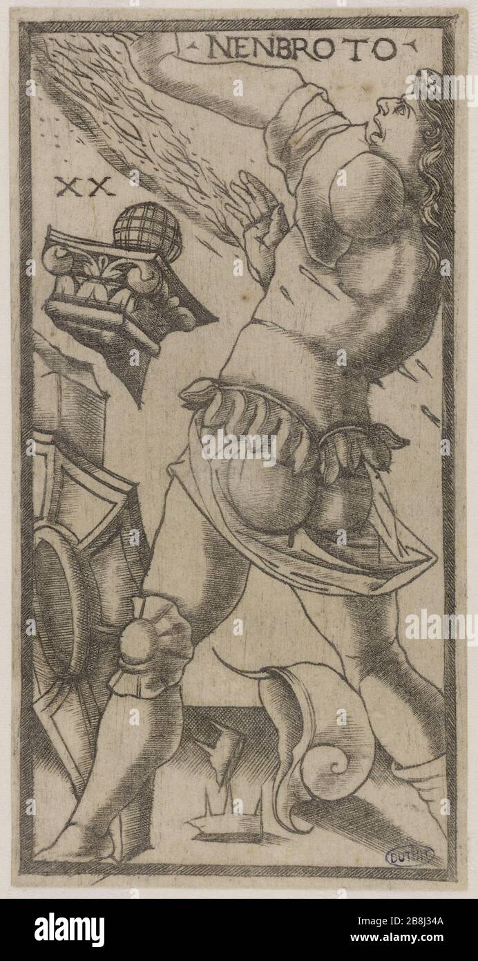 Carte du Tarot 'Sola-Search' Nenbroto. (Passavant 20, Take 2, Page 129) Nicola di Maestro Antonio d'Ancona (1472-1510). "Carte du tarot 'Sola-Busca', Nenbroto. (Passavant 20, Tome 2, Seite 129)'. Burin. 1491-1525. Musée des Beaux-Arts de la Ville de Paris, Petit Palais. Stockfoto