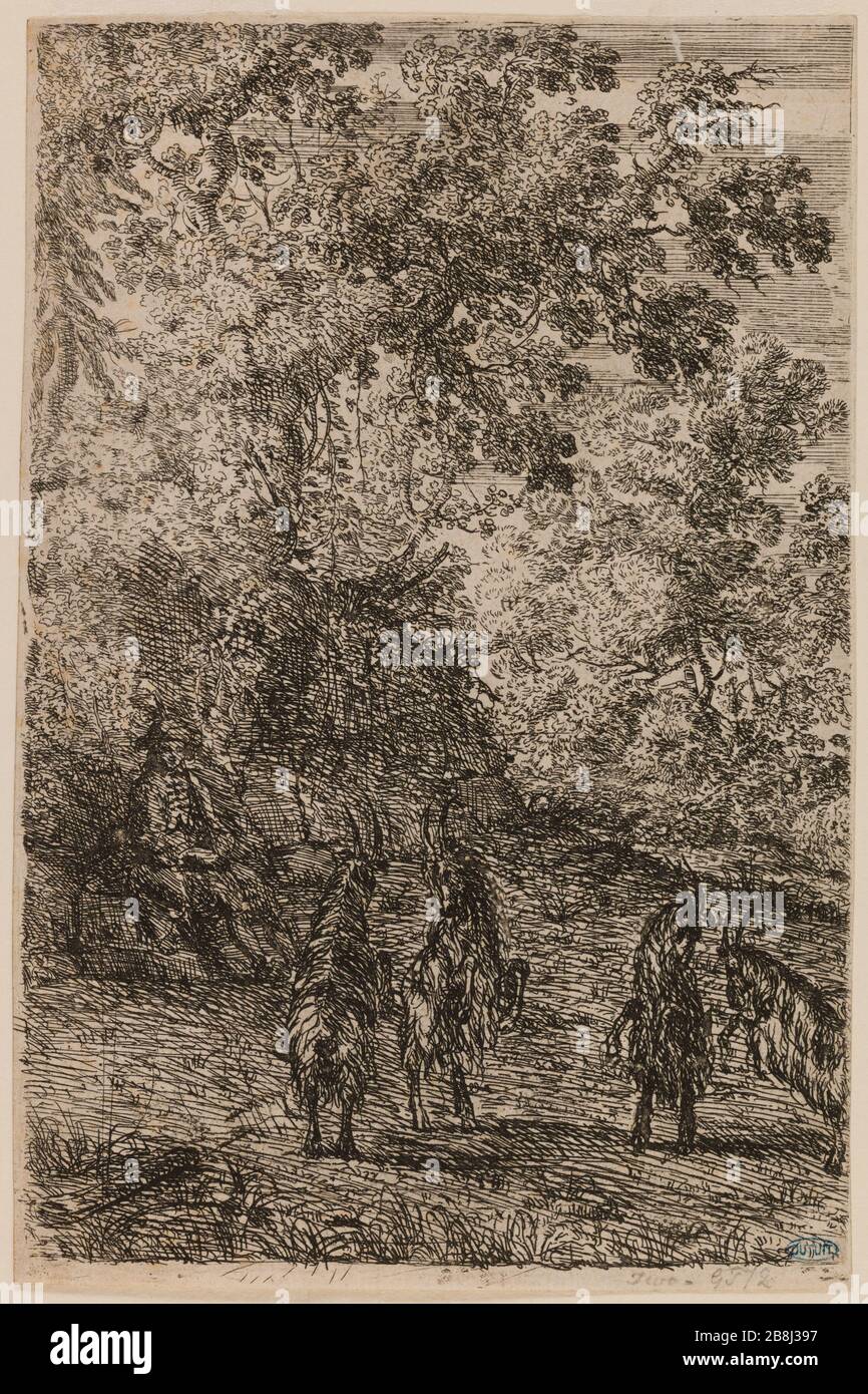 Les Quatre chèvres. (Robert-Dumesnil 27; Mannocci 8) Claude Gellée (dit le Lorrain) (vers 1600-1682). "Les Quatre chèvres. (Robert-Dumesnil 27; Mannocci 8)'. Eau-forte. 1630. Musée des Beaux-Arts de la Ville de Paris, Petit Palais. Stockfoto