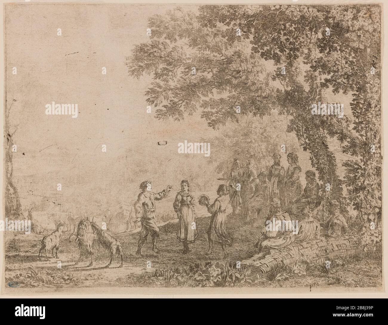 Der Tanz im Dorf. (Robert-Dumesnil 24; Mannocci 20) Claude Gellée (dit le Lorrain) (vers 1600-1682). "La Danse villageoise. (Robert-Dumesnil 24; Mannocci 20)'. Eau-forte. 1637. Musée des Beaux-Arts de la Ville de Paris, Petit Palais. Stockfoto