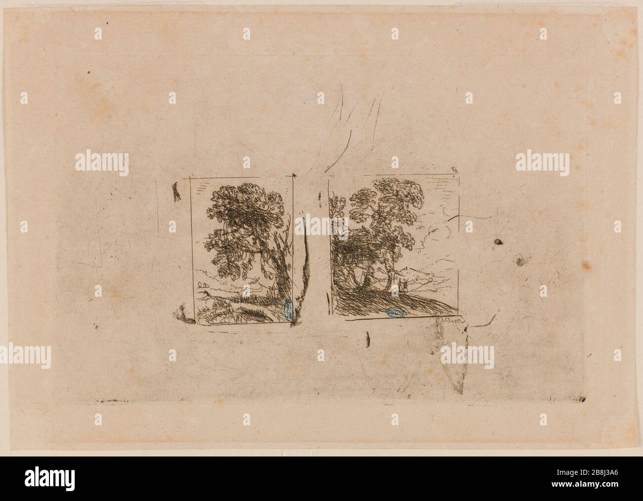 Die beiden Landschaften. (Robert-Dumesnil 40; Mannocci 4) Claude Gellée (dit le Lorrain) (vers 1600-1682). "Les Deux Paysages. (Robert-Dumesnil 40; Mannocci 4)". Eau-forte. 1630. Musée des Beaux-Arts de la Ville de Paris, Petit Palais. Stockfoto